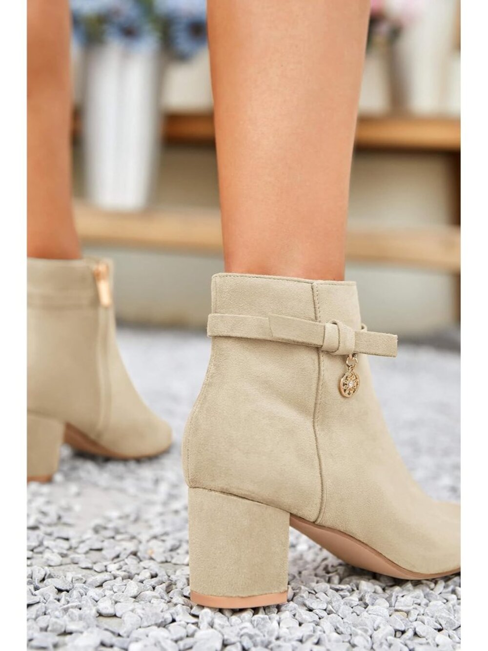 Women's Beige Ankle Boots Chunky Block Low Heel Vintage Tie Knot Booties - Picture 3 of 4